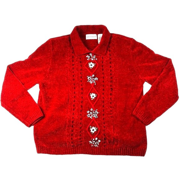 Alfred Dunner Women's Sweater Medium Red Grandmacore Embroidered Holiday Vibe - Picture 1 of 8